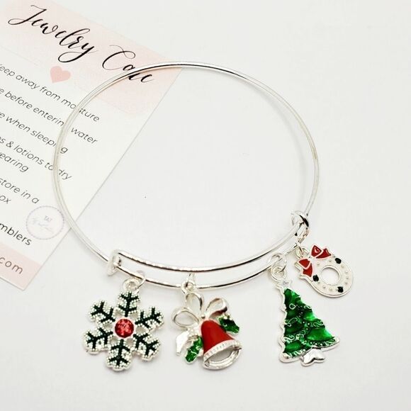 Silver Christmas Charm Bangle Bracelet - Picture 2 of 9